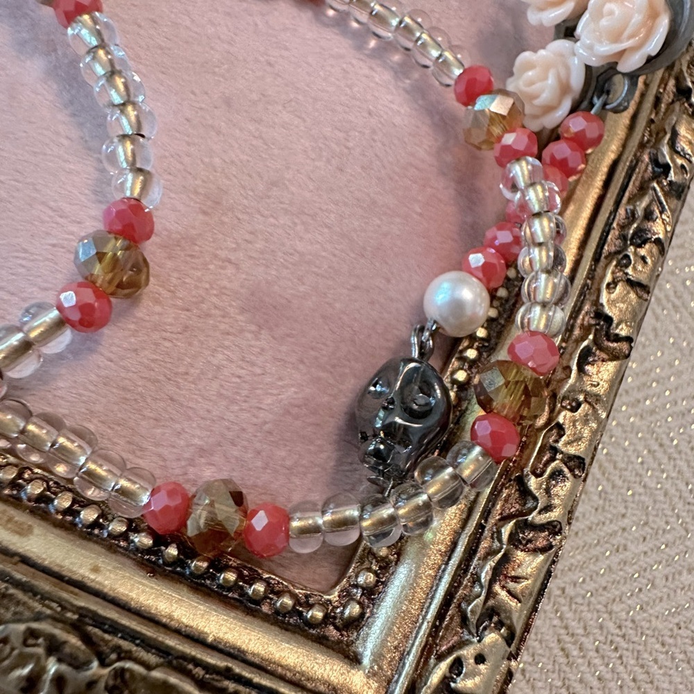 Handmade Skull & Roses Whimsical Necklace, Bracelet & Earrings Set Coral Peach - Picture 13 of 17